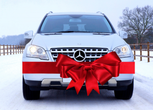 A Mercedes in the Driveway With a Bow