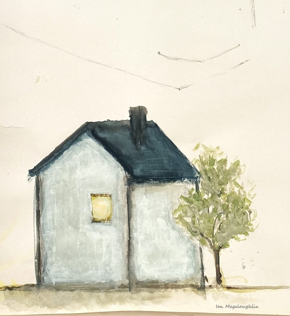 Watercolor painting by Ian Megalaughlin of a stark house standing alone, in muted tones, with a single warm, glowing window and a tree beside it, symbolizing the loneliness of grief while suggesting that light and life, and God still remain within the house.